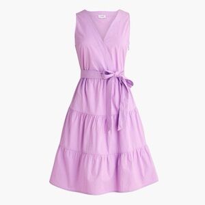 J Crew Lavender Purple Faux Wrap Cotton Poplin V Tier Belt Sleeveless Midi Dress